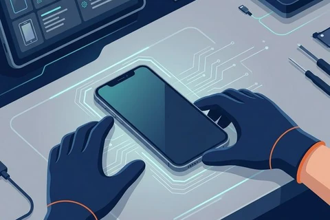 Technician holding a smartphone on a workshop bench with repair tools