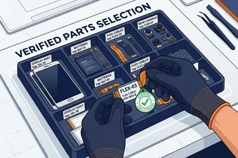 Organised tray of verified spare parts with quality check mark