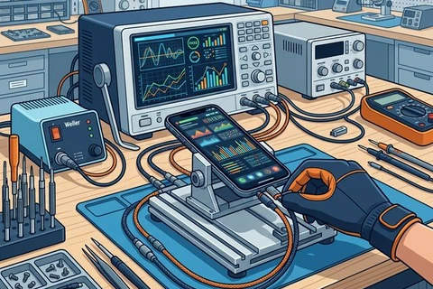 Quality testing equipment and oscilloscope on a repair workstation