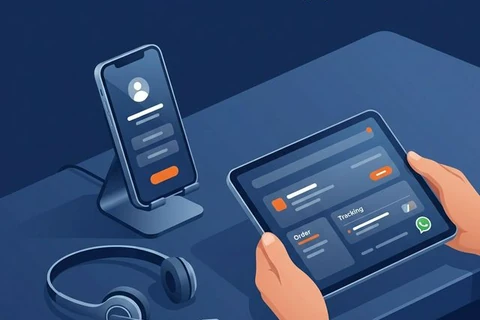 Support agent with tablet showing order tracking and headset